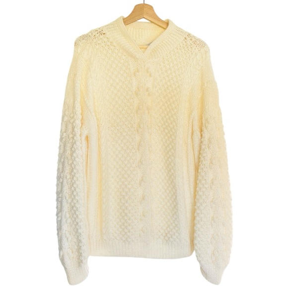 Sheleen Of Dublin Hand Knit 100% Wool Sweater Ivory Cream Tone Irish Chunky - Picture 1 of 8